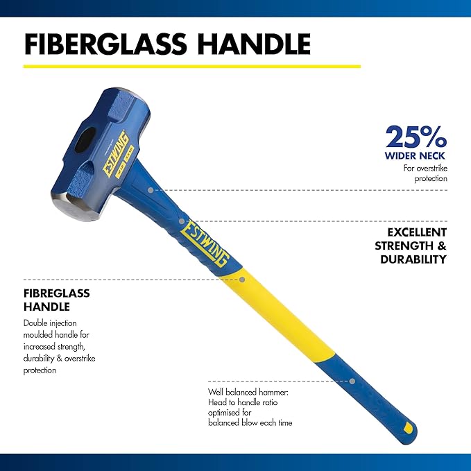 Estwing 12-Pound Hard Face Sledge Hammer for Demolition/Stake Driving, 50-55 HRC, 36-Inch Fiberglass Handle, Overstrike Protection, Textured Grip