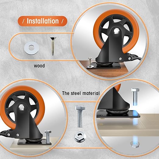 Casters, 5" Caster Wheels竊똂asters Set of 8 Heavy Duty - ASRINIEY Orange Polyurethane Castors, Top Plate Swivel Wheels, 8-Pack Industrial Casters with Brake, Locking Casters for Furniture and Workbench