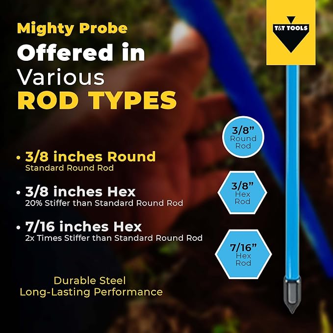 T&T Tools 48-Inch Mighty Probe Insulated Metal Soil Probe ??3/8" Metal Round Rod, Heavy Duty Design for Easy Penetration & Withdrawal, Soil Testing & Landscaping Tools, T-Handle, USA-Made-2 Pack