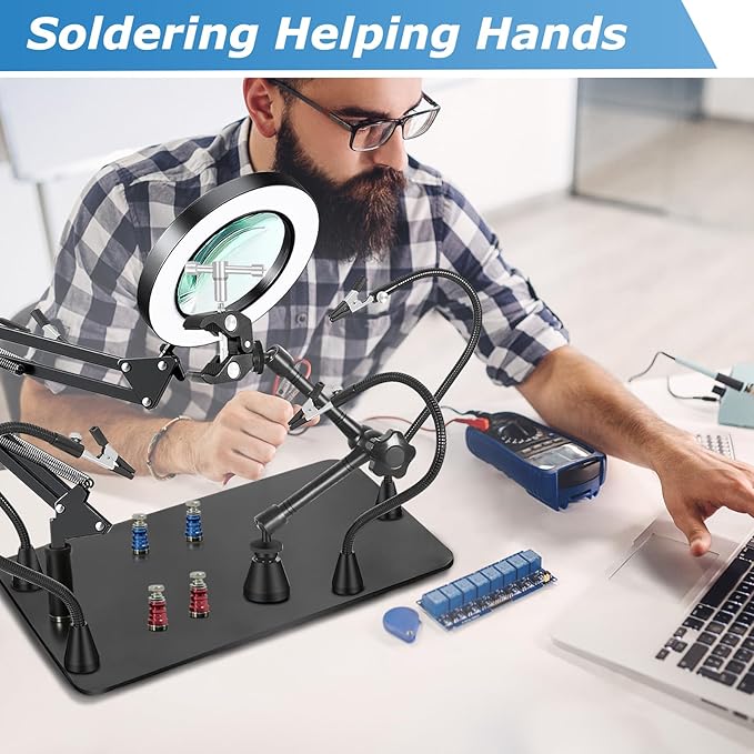 Magnetic Helping Hands Soldering Station, 10X LED Magnifying Lamp, Magnifying Glass with Light and Stand, 360 Hot Air Gun Holder, 4 Magnetic Third Hand Soldering Tool &PCB Holder for Soldering Station
