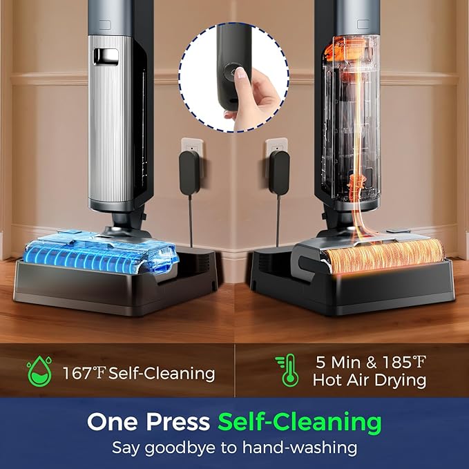 Wet Dry Vacuum Cleaner,Cordless Vacuum Mop Combo with Self-Cleaning,All in one Floor Cleaner Machine for Hard Floor,45kPa Suction 75 Mins Runtime Anti-Tangle,LED Light,180째 Lay-Flat,Self Propelled