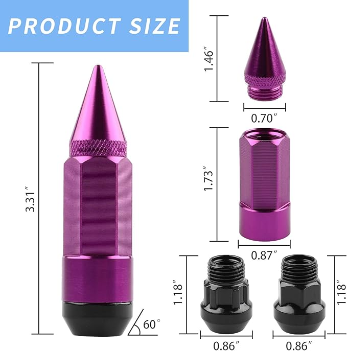 20Pcs Anti Theft Spiked Extended Tuner Wheel/Rims Lug Nuts M12X1.5+Socket (Purple)
