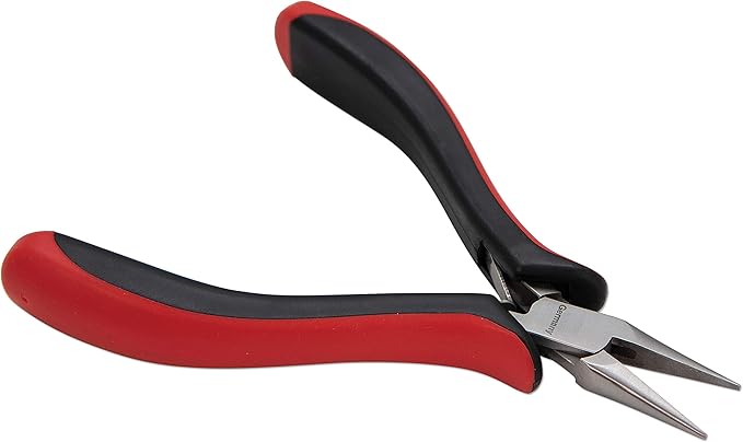 The Beadsmith Platinum Series German Flat Nose Pliers, 4.75 inches (120mm) with Polished Steel Head, red and Black Ergonomic Comfort Grip Handle and Double-Leaf Spring, Tool for Jewelry Making