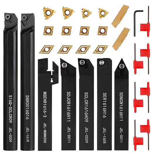 5/8"16mm Indexable Lathe Turning Tool 21Pcs Kit- 7Pcs Metal Lathe Tools Holder Set with 14Pcs Carbide Insert Turning Inserts for Turning Grooving Boring Threading Cutting