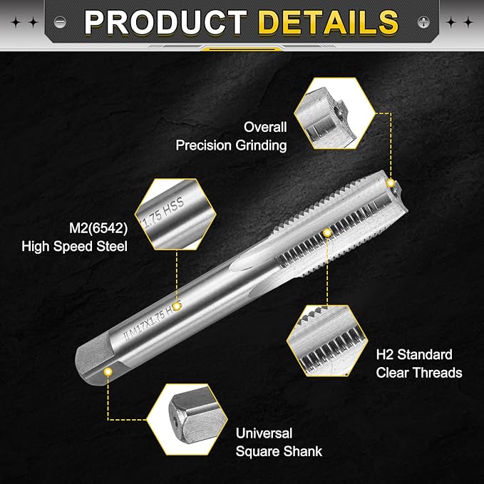 uxcell Hand Plug Tap M17 x 1.75 H2 Metric Thread Plug Style Taps Straight Flute Screw Tapping Threading Tool High Speed Steel HSS6542