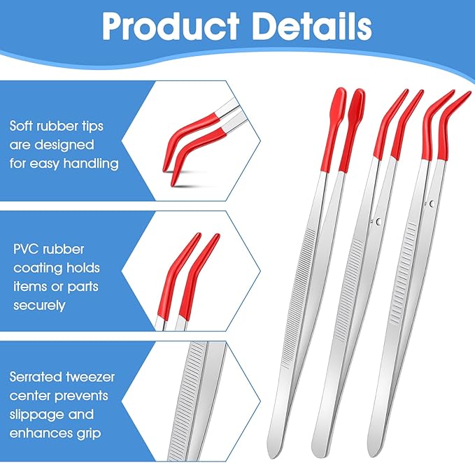 3 PCS Tweezers with Rubber Tips Set, Long Tweezers for Crafts, Crafting Tweezer for Jewelry, Sewing, Electronics, Stamps, Coins, Beads, PVC Coated, Bent & Straight Tips