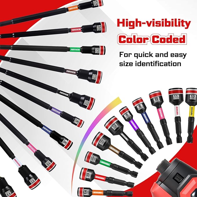 Impact Nut Driver Set, 20 Pieces 2.56???쒵ong 6mm/8mm/10mm/ 11mm/13mm 1/4??/16??/8??/16??/2?? Point Alloy Steel Magnetic Metric/SAE Nut Setter 1/4 Hex Shank Impact Driver with Case Box