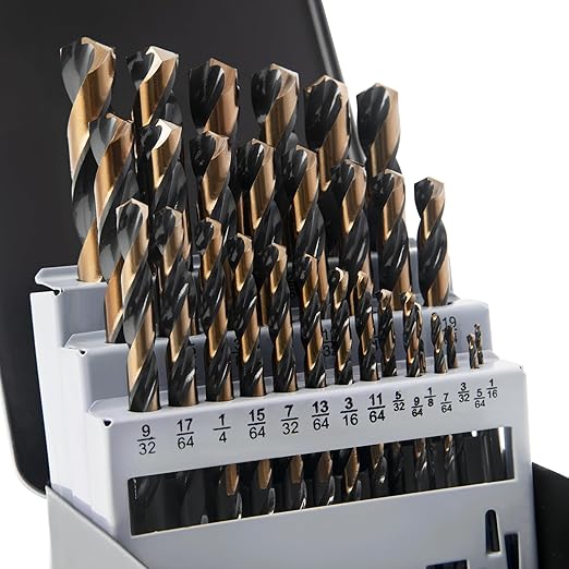 KENDO 29PC Drill Bit Set, 1/16"-1/2" Size 135째 Tip HSS with Black and Gold Finish with Storage Case, Twist Jobber Length Drill Bit Kit for Cast Iron, Hardened Metal, Stainless Steel, Plastic and Wood