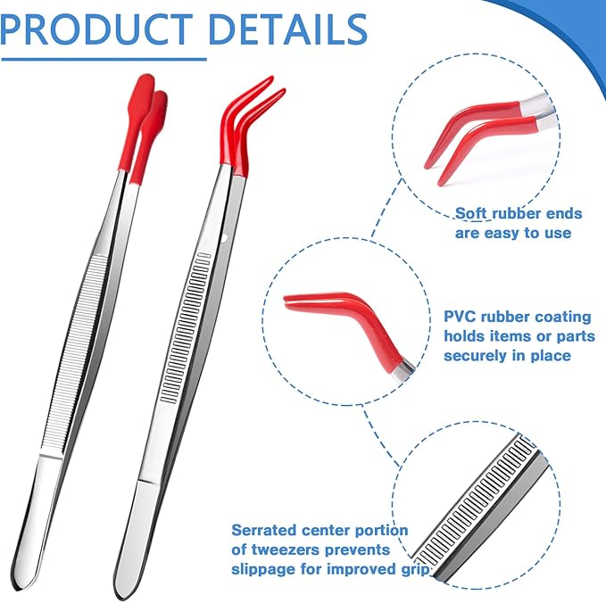 2 Piece Tweezers with Rubber Tips Set, Straight Tip PVC-Coated Precision Tweezers, Rubber Flat Tip Long Bent Tweezers, for Stamps Coins Jewelry Crafts Industrial Electronic Lab