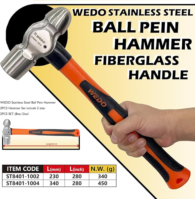 WEDO 2PCS Ball Pein Hammer Set,0.5lb+0.8lb(230g+340g),Stainless Steel Ball Peen Hammer Set With Fiberglass Handle,Die-forged,Shock-resistant,Corrosion Resistant