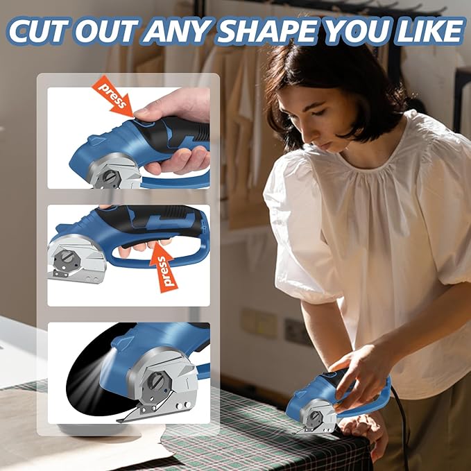 Cordless Electric Scissors, 4V Rechargeable Box Cutter & Cardboard Cutter with Titanium Blade, LED Light, Safety Lock - Rotary Cutter for Fabric, Leather, Carpet, Plastic, Crafting, Sewing(Slate Blue)