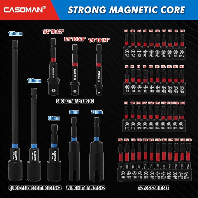 CASOMAN 68-Piece Magnetic Nut Driver Set for Impact Drill, Metric & SAE, Includes Screwdriver Bits, Quick-release Bit Extension Holder, Socket Adapters & Wing Nut Driver