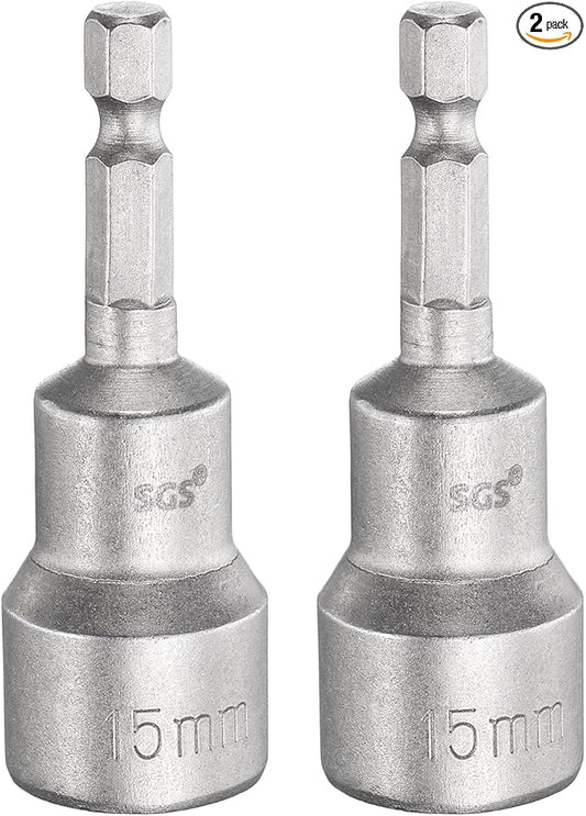 HARFINGTON 2pcs Nut Driver Drill Bit 15mm Metric Socket 1/4" Hex Shank 2.56" (65mm) Long Magnetic 6-Point Sockets Quick Change CR-V Steel Bolt Setters for Power Drill Drivers