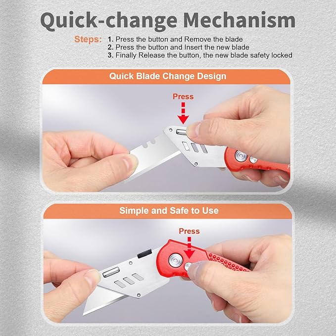 Folding Box Cutter Heavy Duty Utility Knife, Razor Knife, Lightweight Aluminum Handle, Back-lock Mechanism, Stainless Belt Clip, with 5-piece Extra SK5 Blades, for Carpet, Carton, Box, Cardboard Red