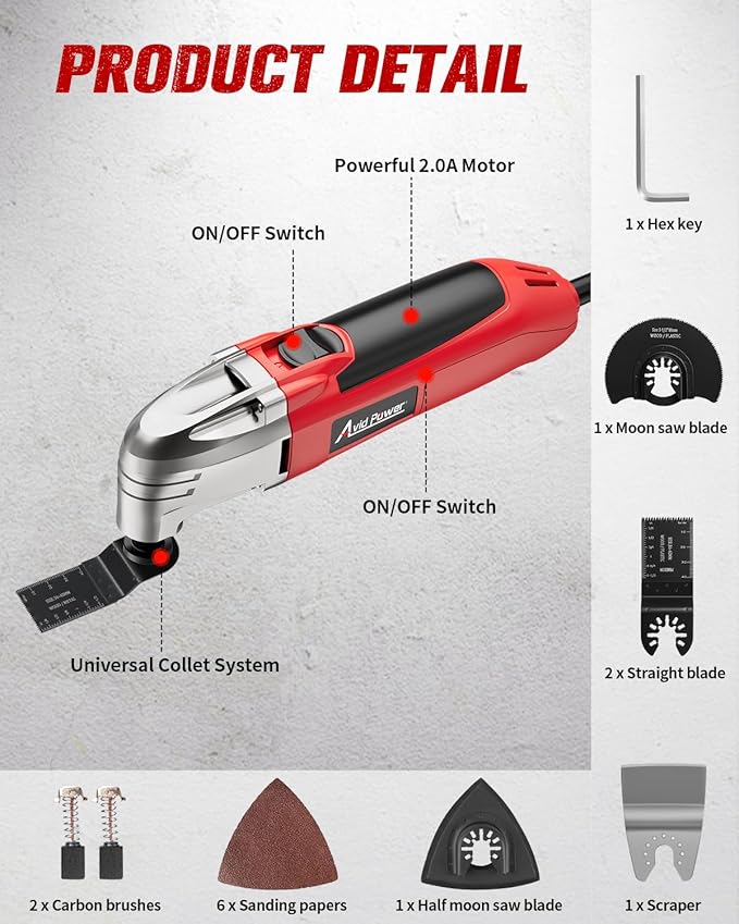 AVID POWER Oscillating Tool, 22000 OPM Electric Oscillating Multi Tool with 3째Oscillation Angle, Cutting, Sanding, Grinding, Scraping, 11 Accessories & Universal Interface-Red
