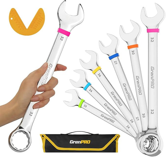 GRENPRO Metric Wrench Set, Large Wrench Set Metric and Standard, 7PC 23mm, 24mm, 26mm, 27mm, 30mm, 32mm Long Open End Wrench Tool Roll Up Pouch with Gauge, Combination Wrenches Sets with Color Ring