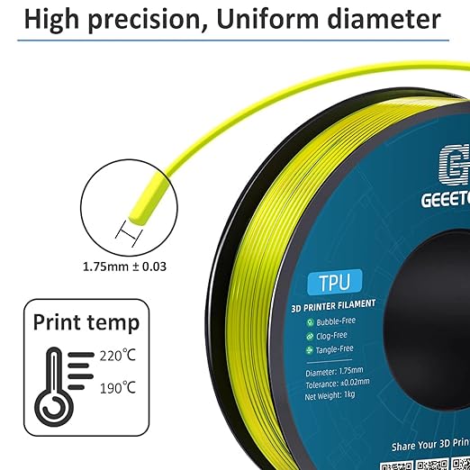 Geeetech TPU Filament 1.75mm, Shore 95A Flexible 3D Printer Filament with High Elasticity, 1KG (2.2lbs) Spool, Dimensional Accuracy 짹0.03mm, Fits Most FDM Printers (Cleal Yellow)