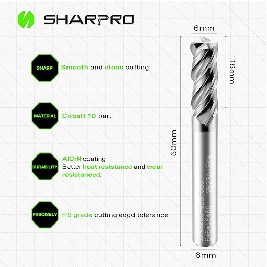 SHARPRO 6mm Shank End Mill 6mm Cutting Dia. 4 Flutes AlCrN Coated Carbide Square CNC End Mills, Apply for Alloy Steel, Stainless Steel, and Various Cast Iron