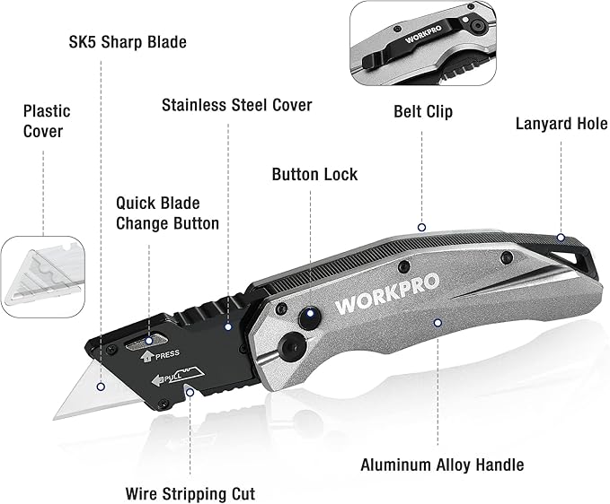 WORKPRO Folding Utility Knife, Heavy Duty Metal, Quick Open Botton Lock Box Cutter, Quick Change Blade Razor Knife, 1PC with 10 Extra SK5 Blades