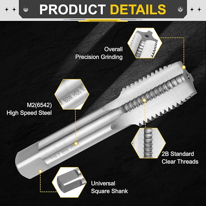 uxcell Hand Plug Tap 1-1/4"-7 BSW 2B Thread Plug Style Taps Straight Flute Screw Tapping Threading Tool High Speed Steel HSS6542
