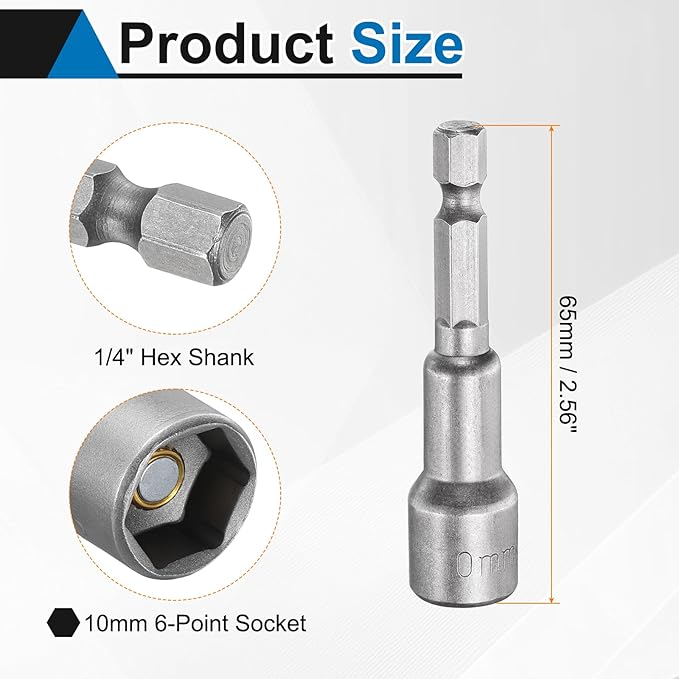 HARFINGTON 2pcs Nut Driver Drill Bit 10mm Metric Socket 1/4" Hex Shank 2.56" (65mm) Long Magnetic 6-Point Sockets Quick Change CR-V Steel Bolt Setters for Power Drill Drivers