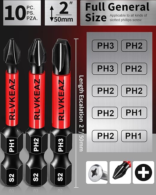 10-Pack Phillips Bits #1#2#3 Impact Magnetic, 2 Inch Phillips Head Drill & Screwdriver Bits Set, Premium S2 Steel, 1/4" Hex-Shank, (PH1/PH2/PH3) for Power Drill, Professional & DIY