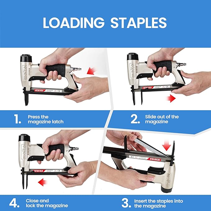 meite Upholstery Staple Gun with Extended Nose for 21 Gauge 1/2-Inch Crown Staples, Heavy-Duty Pneumatic Stapler for Woodworking, Carpentry, and Decoration DIY Projects (Model MT8016LN)