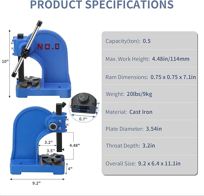 Arbor Press 0.5 Ton,Manual Desktop Punch Press Machine,4.48" Work Height,Manual Arbor Press Cast Iron Body,for Stamping
