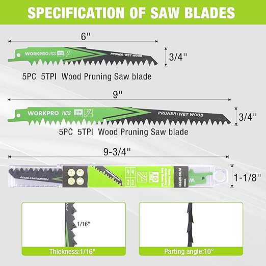 WORKPRO Wood Pruning Reciprocating Saw Blade Set, 6/9 Inch Pruner Saw Blades with 5TPI High Carbon Steel Designed for Fast & Clean Pruning and Cutting Wet Wood, Organizer Case Included,10 Pieces