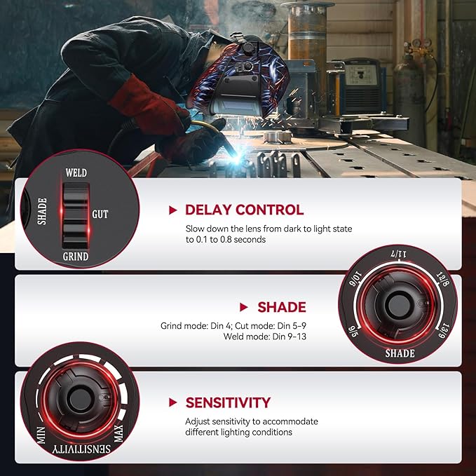 ARCCAPTAIN 3.94"X3.66" Welding Helmet Auto Darkening, 1/1/1/1 Top Optical Clarity Large Viewing Screen Solar Power Welding Hood with 4 Arc Sensor, Wide Shade 4-5/5-9/9-13 for TIG MIG ARC Welding CUT