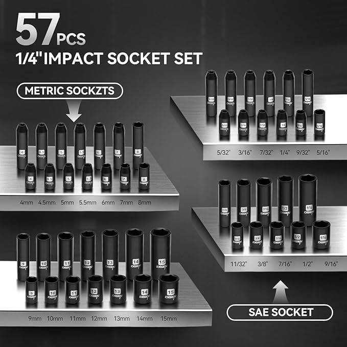 DISEN 57 PCS 1/4" Drive Impact Socket Set Shallow & Deep Socket Set SAE(5/32"-9/16") & Metric(4-15mm) with Universal Joint, Extension Bar, 3/8 to 1/4 Reducer, Ratchet Handle, Adapter