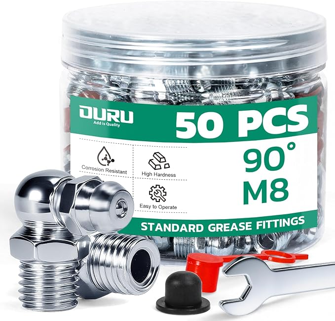 50PCS M8 Grease Fittings Kit, METRIC Zerk Grease Fittings 90 Degree with Grease Fitting Caps & Wrench Kit(9mm) for Grease Gun
