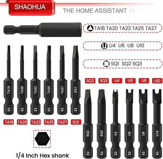 13PCS Screwdriver Bit Set, Triangle Screwdriver Set TA18-27, Square Drive Bits #1,2,3, Spanner Bit #4,6,8,10 with 1/4" Bit Holder, S2 Steel Hex Head Drill Bit Set, 1/4 Hex Impact Bit Set