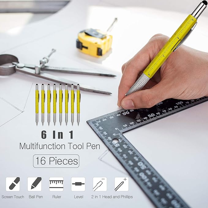 Zhanmai 16 Pcs Multitool Pens 6 in 1 Multi-tool Pen Set with Refills for Men's Birthday Gifts, Christmas Stocking Stuffers for Men Dad Husband (Yellow Color)