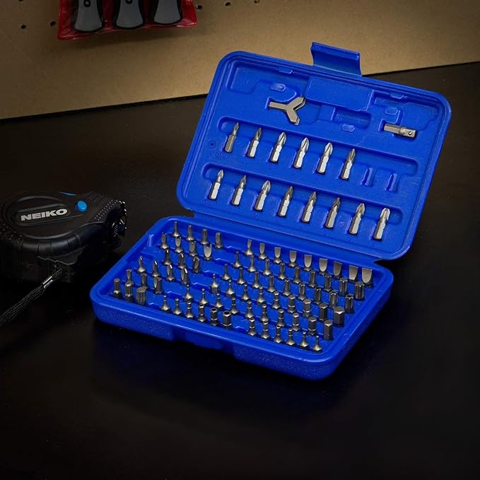 NEIKO 10048A Security Bit Set 100-Piece Set Cr-V Steel 1/4-inch Adapters Phillips Slotted Hex Torx Star Tamperproof Pozi Square Spanner Torque Tri-Wing Clutch Spline Wing Nut, Security Torx Bit Set