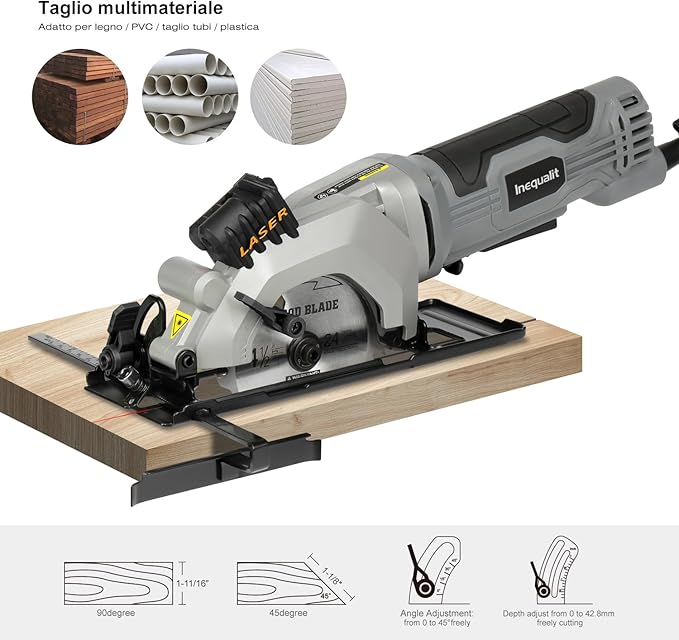 Mini Circular Saw, 4Amp 3500RPM Corded Compact Saw with 4-1/2" 24T TCT Blades, Laser Guide, Rip Guide, Vacuum Adapter and Blade Wrench, Max Cutting Depth 1-11/16"(90°), 1-1/8"(45°）