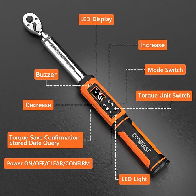 coobeast Digital Torque Wrench, 3/8 Drive Electronic Torque Wrench with Preset Value(1.5-99.5 Ft-lbs./2-135Nm), Buzzer and LED Flash Five Units of Measure for Bike Motorcycle Car