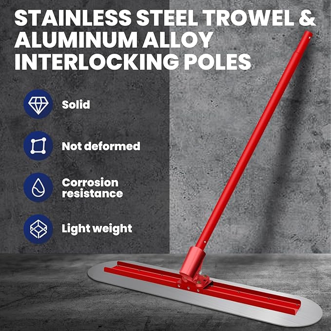 Concrete Finishing Trowel Tool Kit, 48x12 Inch Bull Float with 4 Handles, Stainless Steel Board & 57-Inch Alloy Handles