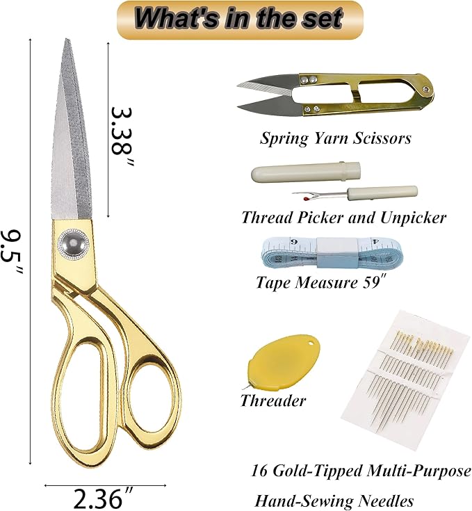 Professional Tailor's Scissors, Heavy Duty Stainless Steel Fabric Cutting Shears, Composite Alloy Blade (Gold, 9.5 inches)