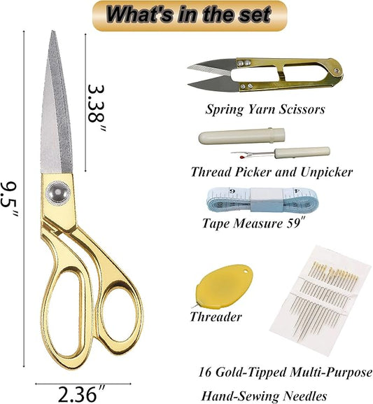Professional Tailor's Scissors, Heavy Duty Stainless Steel Fabric Cutting Shears, Composite Alloy Blade (Gold, 9.5 inches)