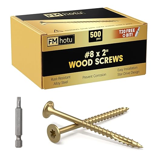 #8 x 2” Deck Screws, 500Pcs Star Drive Wood Screws, Rust Resistant Timber Screws for Timber/Log/Landscaping Wood, T20 Star Bit Included, Gold