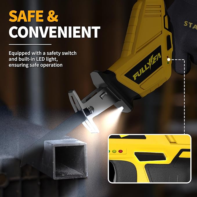 Reciprocating Saw Cordless, Variable Speed 0-3500SPM Power Reciprocating Saw, Tool-Free Blade Change, Battery Reciprocating Saws with 4 Saw Blades for Woods/Metal/Plastic Cutting, Yellow