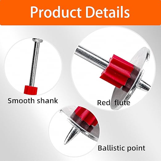 MyyiTar 2-1/2" Powder Actuated Fasteners Round Nails .30" Head Diameter and 1" Washer with Red Flute Drive Pins for Powder Fastening & Power Framing Systems 100 pcs