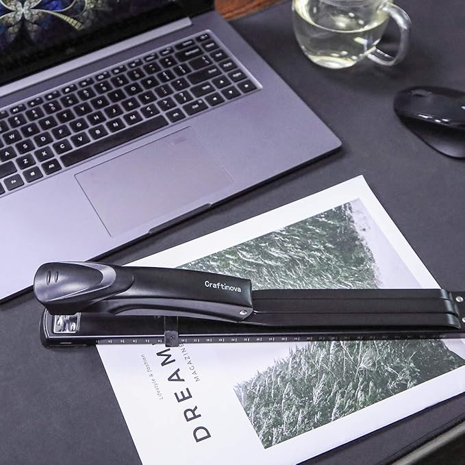 Long Reach Stapler,with 2000 Staples & Stapler Remover Full Strip竊?0-25 Sheet Capacity,with Built-in Ruler and Adjustable Locking Paper Guide, Black