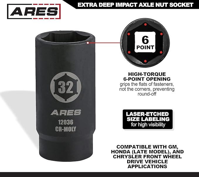 ARES 12036-32MM Axle Nut Socket - 6 Point Socket - Extra Deep 1/2-Inch Drive Impact Socket for Easy Removal of Axle Shaft Nuts