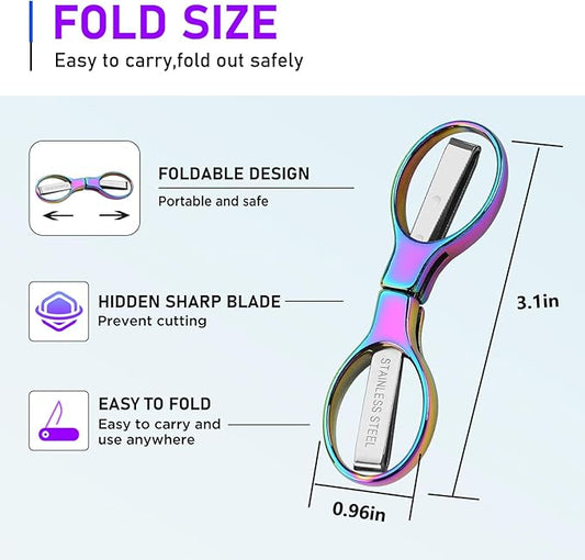 2Pcs Rainbow Folding Scissors,Portable Stainless Steel Telescopic Cutter, Safety Foldable Pocket Badge Small Scissors for Home, Office, Craft, Sewing, Nurse Accessories, Travel