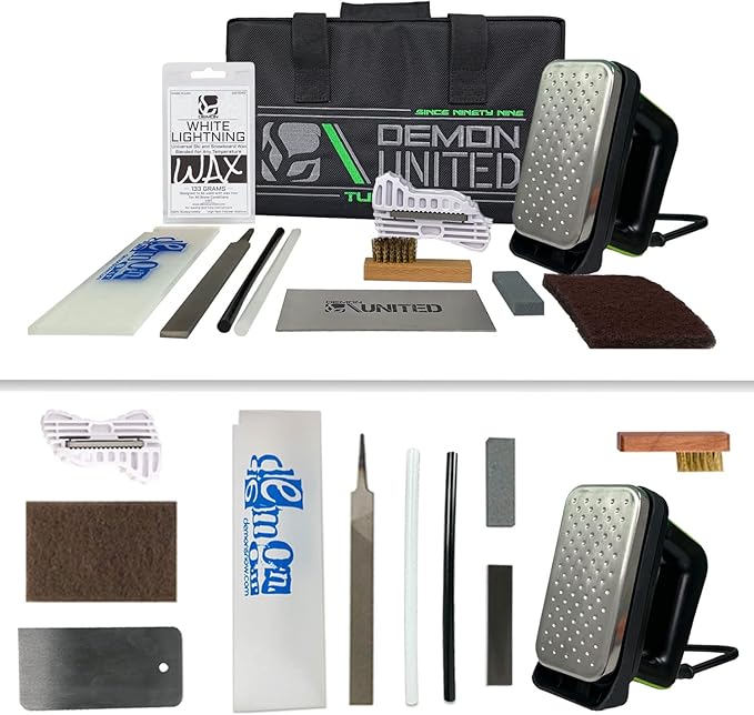 Demon Complete Basic Tune Kit with Wax- Everything Needed to do a Basic Tune and Wax for Your Skis and Snowboard - Includes 1 LB Hyper Ski and Snowboard Wax and 3 piece Brush Kit