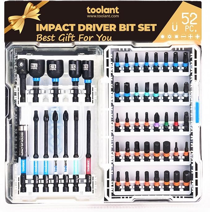 toolant Impact Driver Bit Set - The Gift For Familiy: 52-Piece S2 Steel Screwdriver Bit Set with Hex, Torx, Phillips, Slotted, Square Bits and Nut Driver in a Stylish Case