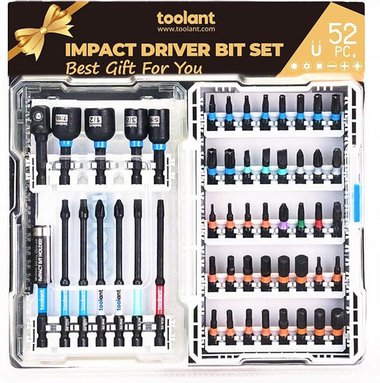 toolant Impact Driver Bit Set - The Gift For Familiy: 52-Piece S2 Steel Screwdriver Bit Set with Hex, Torx, Phillips, Slotted, Square Bits and Nut Driver in a Stylish Case