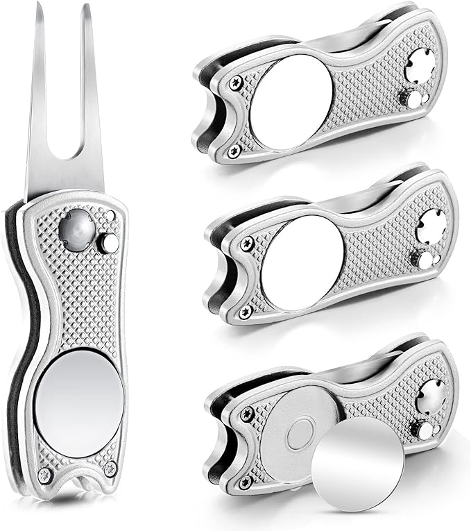 Skylety 4 Pcs Golf Divot Repair Tool Metal Foldable Golf Divot Tool with Magnetic Pop-up Button Ball Marker Stainless Steel Switchblade for Golfers Prizes
